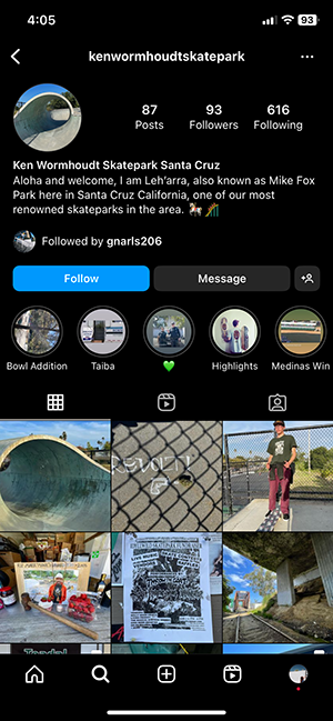 Image of the skateparks Instagram